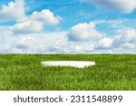 Small photo of Natural podium backdrop for product display with sky background, Blank showcase mockup with natural environment, 3d, Cosmetics or beauty promotion, Nature pedestal with grass, plants, bushes