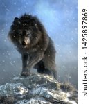 A large shaggy dire wolf bares its wicked teeth as it glares at you with deep blue eyes. The ice age predator growls and steps over snow covered rocks as it advances. 3D Rendering