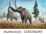 The Columbian Mammoth is an extinct animal that inhabited warmer regions of North America during the Pleistocene. Here three of them walk on a grassy slope. 3D rendering