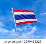 Flag on Thailand flag pole and blue sky, Flag of Thailand fluttering in blue sky big national symbol. Waving red, white and dark blue Thailand flag, Independence Constitution Day.
