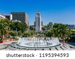 Fountain in Grand Park, and Los Angeles City Hall, in Downtown Los Angeles, California, USA