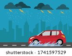 red car on the street in rainy... | Shutterstock .eps vector #1741597529