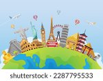 travel and tourism landmark around the world.  Tourism and road trip concept. Journey in vacation. vector illustration flat background.
