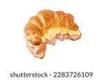 Ham cheese scrambled eggs croissant for breakfast on a white isolated background. toning