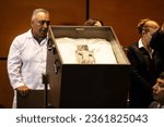 Small photo of Mexico City, Mexico September 12 2023. Mexican ufologist Jaime Maussan presented two supposed "non-human" bodies found in Peru in the Mexican Congress during a public assembly.
