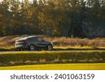 Speeding on a road in a sporty luxury car with a sunset and forest background. Sophisticated expensive car on the road. Premium and Elegant luxurious car on the highway.