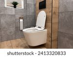 A modern bathroom with a ceramic toilet in white. The toilet is closed and has a seat and a flush. The bathroom has a wall and a floor with tiles.