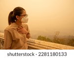 Small photo of Asian woman having respiratory allergy caused of by Bad air pollution (PM2.5). PM2.5 levels meaning the air quality posed a health hazard.