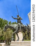 Small photo of MADRID, SPAIN - JUN 9, 2017: Fragment of the Cervantes Memorial: Don Quixote Sculpture