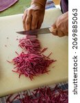 Small photo of Handmade Turkish noodles. By adding beetroot to the noodles, it is made healthier and rosier.