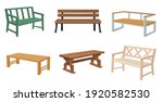 Various wooden garden and city benches flat set for web design. Cartoon outdoor wicker benches isolated vector illustration collection. Furniture and elements for landscape locations concept