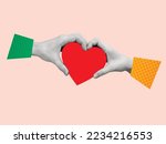 Small photo of Contemporary art collage of human hands holding a heart. Modern design. Holidays and love concepts. Women's Day, Valentine's Day. Greeting card. Copy space.