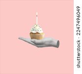 Small photo of Contemporary art collage of hand holding a cupcake with a burning candle. Party time. Concept of birthday invitation design. Copy space for ad.