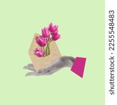 Small photo of Contemporary art collage of hand holding an envelope with flowers tulips. Holidays and love concept. Women's Day on March 8, Valentine's Day. Greeting card. Copy space.