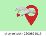 Small photo of Contemporary art collage with location symbol icon and a hand holding a heart. Modern design. Holidays and love concepts. Position element. Copy space.
