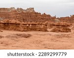 Small photo of Scenic view on amazing eroded Hoodoo Rock Formations at Goblin Valley State Park in Utah, USA, America. Sandstone rocks called goblins which are mushroom-shaped rock pinnacles. Overcast day in summer