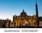 Small photo of Illuminated facade of St. Peter Basilica and St. Peters Square at dusk, Vatican City, Rome, Italy, Lazio, Europe, EU. Scenic view from Saint Peter square after sunset. Egyptian obelisk in foreground