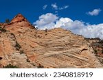 Scenic view of Cross beds of aeolian sandstone rock formations on Zion National Park Canyon Overlook hiking trail, Utah, USA.  Uninhabited canyon near Mount Carmel road with majestic unique landscape