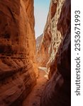 Small photo of Hike in the narrow Kaolin Wash slot canyon along White Domes Hiking Trail in Valley of Fire State Park in Mojave desert, Nevada, USA. Massive rugged cliffs of striated red and white rock formations