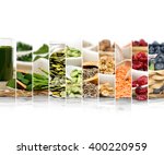 Photo of chlorella, berries and seeds abstract mix slices; healthy eating, dieting and detoxication concept; white space for text