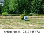 A view of a target being a part of a temporary set up shooting range located next to a small tree, some yellow fence and a dense forest or moor seen during a military picnic in Poland
