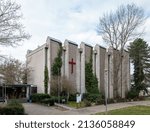 Small photo of Linz am Rhein, Germany - 2022-03-12: Former Catholic Church St. Marien, built in 1967 by Cologne Architect Alexander Kulhavy, profaned in 2020 because of dilapidation of the building