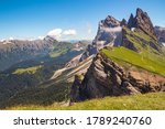 Panoramic view of Odle group (Geislergruppe, gruppo delle odle) from Alp Seceda in Dolomites UNESCO World Heritage on summer day in Val Gardena (Gröden), South Tyrol (Südtirol, Alto Adige), Italy