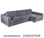 Small photo of Grey angular sofa with pillows on white background. Upholstered furniture for the living room. Grey couch isolated. Side view