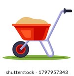 construction wheelbarrow with sand. transport fertilizers for the garden. flat vector illustration isolated on white background.