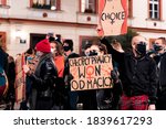 Small photo of Krakow, Poland, 23 october 2020 - "To Jest Wojna", Protest for women rights in Poland. Protest start because top court rules a law banning abortions. Women wearing mask because of the Covid pandemic