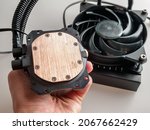 Small photo of Liquid cooling system of computer components, processor, video card, heat dissipation, high-performance processor, close-up