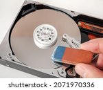 Small photo of Hard disk for data storage, recovery after erasure, full disk formatting, low-level deletion, close-up