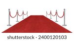 Small photo of Perspective view red velvet rope barrier and silver poles and red carpet isolated on white background