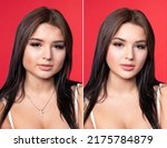Small photo of Photo before and after retouch. Beautiful brunette on a red background. The work of a retoucher in a photo edit Concept editing, photo retouching.
