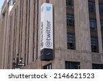 Small photo of San Francisco, CA – April 16, 2022: The now famous sign located on the corner of the Twitter headquarters building on Market Street in San Francisco.
