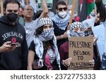 Small photo of San Francisco, CA – October 09, 2023: Pro-Palestinian protesters demonstrate at the Israeli consulate to support an end to the occupation in the aftermath of the Hamas rocket attack on Israel.