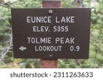 Small photo of Eunice Lake Sign with Arrove to Tolmie Peak Lookout