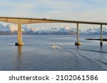 Boat at the Hadsel bridge, behind the snow-capped peaks of Hinnøya island, Langøysund in Stokmarknes, Nordland, Vesteralen, Norway