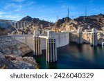 Small photo of Hoover dam, Hoover Dam, dam, near Las Vegas, the water level has dropped approx. 30 m, Lake Mead, Boulder City, formerly Junction City, border Arizona, Nevada, USA
