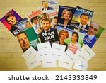 Small photo of PARIS, FRANCE â€“6 APR 2022- View of official political candidate pamphlets and ballots for the French presidential election to take place on April 10 and 24, 2022 in France.