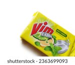 Small photo of Guwahati, Assam, India - September 17, 2023 : Vim Extra Anti smell with Pudina dish wash bar removes food smell from utensils.