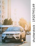 Small photo of Antalya, TURKEY - February 19 2021: metallic white Seat Ateca FR parked on street, compact crossover vehicle (CUV) manufactured by Spanish automaker SEAT