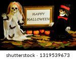 Small photo of Happy Halloween is a holiday of evil spirits. On this autumn day the custom to frighten and cajole evil spirits is widespread. Halloween is a modern main holiday of evil spirits, a holiday for childr