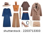 Small photo of Beautiful autumn colors women's clothes set.Collection of blue brown clothing isolated on white.Female apparel. Fashion outfit.