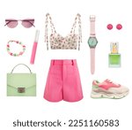 Small photo of Summer women's clothes set isolated. Female spring clothing, green pink color apparel and accessories. Collection of girl's garment.