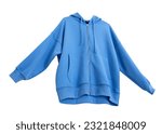 Small photo of Blue zipper hoodie flying isolated on white. Fashion sport clothes object. Male, female sportswear. Stylish sweatshirt in movement.