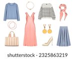 Small photo of Beautiful female clothes set isolated.Women clothing,fashion garment collection. Elegant gir's apparel. Outfit.