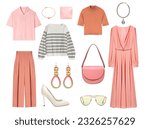Small photo of Coral orange female set of clothing isolated. Women's outfit. Elegant fashion clothes. Lady's apparel.