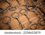 Closeup of Different Types of Metal Horse Bits Hanging on the Wall in Professional Sport Stable Tack Room. Equestrian Equipment Theme.