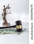 Small photo of Lady of justice, Wooden and gold gavel on white background isolated. too high gratification, symbol, corruption and bribe in government, actions for compensation, sue, lawsuit for damages, divorce
